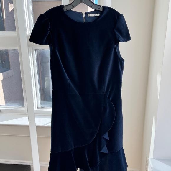 NWT Alice + Olivia Enid Ruffle-Front Fit Flare Velvet Dress - Picture 7 of 10